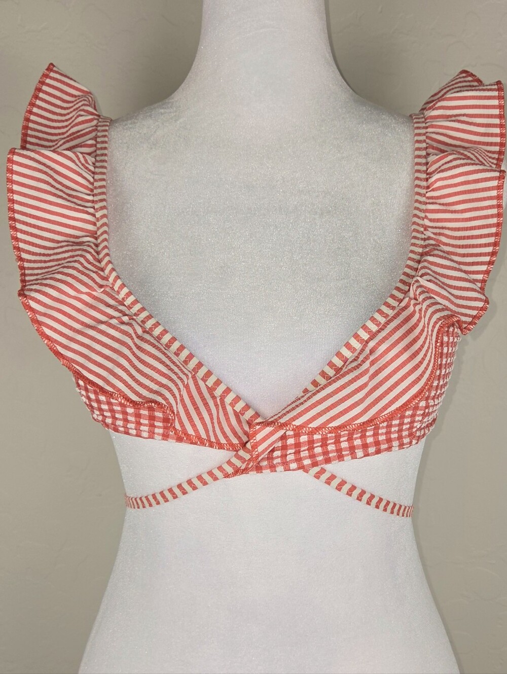 aerie Red and White Striped Ruffle Bikini Top